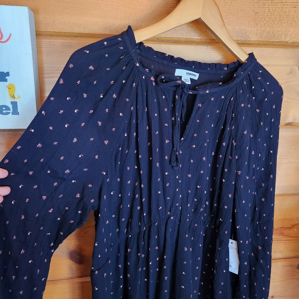 Sonoma 💜 NWT Maternity Blue Floral Peasant Tunic‎ Stretch Top Keyhole Pleated L - Picture 4 of 8